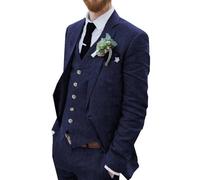 Wehilion Abito da uomo in lino retrò da spiaggia, abito da sposa estivo slim fit 3 pezzi leggero lino giacca gilet pantaloni smoking, Navy, L