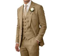 Wehilion Abito da Uomo in Lino retrò da Spiaggia, Abito da Sposa Estivo Slim Fit 3 Pezzi Leggero Lino Giacca Gilet Pantaloni Smoking, Cachi, L