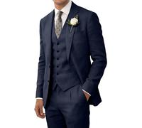 Wehilion Abito da uomo in lino retrò da spiaggia, abito da sposa estivo slim fit 3 pezzi leggero lino giacca gilet pantaloni smoking, Navy, L