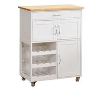 WeHome - Carrello Cucina Legno Febe, Credenza Bianca 67x36x87 Cm Con 1 Cassetto, 3 Ante, 3 Ripiani Portabottiglie, Mobile Cucina Con Ruote E Piano In Legno Rovere (Bianco)