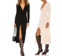 Weiara Donna Abito Lungo Slim Fit Con Scollo A V E Manica Lunga Bottone Maxi Party Clubwear 2023 Inverno