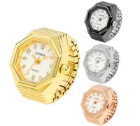 Weicam Set di 4 orologi creativi con anello e quadrante ottagonale, cinturino elastico, unisex, analogico, al quarzo, Tinta unita.