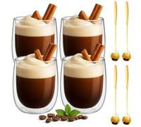 weiclianhp Latte Macchiato Set di 4 bicchieri da cappuccino da 350 ml, con cucchiai e sottobicchieri, a doppia parete, per cappuccino, latte, tè, gelato, iced americano, succo