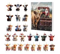 Weihnachten Highland Cow Adventskalender 24 Tage - Weihnachts Countdown Kalender Advent | 2D acrilico Highland Cow Schmuck, Ornamente Für Fenster, Auto Rückspiegel, Wand, Tür, Weihnachtsbaum, Deko