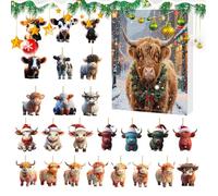 Weihnachten Highland Cow Adventskalender 24 Tage - Weihnachts Countdown Kalender Advent | 2D Acryl Highland Cow Schmuck, Ornamente Für Fenster, Auto Rückspiegel, Wand, Tür, Weihnachtsbaum, Deko