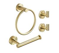 WEIKO - Set di accessori da bagno in oro spazzolato, porta carta igienica e 2 ganci per accappatoio, kit di accessori da bagno in acciaio inox, 4 pezzi