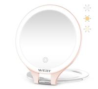 WEILY Specchio Trucco con Luci, 10X/1X Specchio Ingranditore, Bifacciale Specchio da Viaggio, con 3 Luci Colorate, Controllo Touch, Ricaricabile Portatile Specchio per Camera da Letto e Bagno(Rosa)