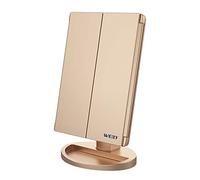 WEILY Specchio Trucco con Luci, specchio Ingranditore con 1X/2X/3X, Specchio Led Trucco Tri-Fold con Touch Screen, Specchio da Tavolo Supporto USB e Batteria (Oro)