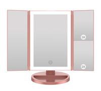 WEILY Specchio Trucco con Luci, specchio Ingranditore con 1X/2X/3X, Specchio Led Trucco Tri-Fold con Touch Screen, Specchio da Tavolo Supporto USB e Batteria (Oro Rosa)
