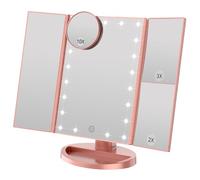 WEILY Specchio Trucco con Luci, Trifold dello specchio di trucco illuminato con l'ingrandimento di 1X/2X/3X, le notti naturali del LED, lo schermo di tocco, lo specchio caricabile (Oro Rosa)