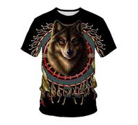 WEIMEIJIE Maglietta Estiva da Uomo, Casual, Traspirante, a Maniche Corte, di Grandi Dimensioni, con Stampa 3D, Stile Indiano, Raffigurante Un Totem Lupo.