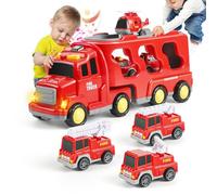 Weinsamkeit Camion Macchinine Bambini, 7-IN-1 Camion Pompieri Giocattolo con Luci e Suoni Camion Trasportatore con 6 Mini Camion de Pompieri Camion Inerziale Giocattolo Regalo per Bambino 1 2 3 4 Anni