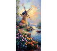WEISHIWE Dipingi con i Numeri per Adulti, Mulino a vento paesaggio Kit di Pittura a Olio su Tela Principiante con Pennelli Pittura Pigmento Acrilico Disegno, senza Cornice, Decor Casa 50x100cm o-186