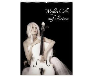 Weißes Cello auf Reisen (Wandkalender 2026 DIN A2 hoch), CALVENDO Monatskalender: Mit dem weißen Cello durch's Jahr - eine musisch-künstlerische Bilderreise
