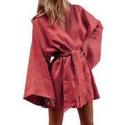 WEITING Abito da Donna con Lacci in Kimono con Scollo a V, Cardigan, Mini Abito in Cotone e Lino, a Maniche Lunghe, con Fascia, Stile Vestaglia, Abiti Larghi Estivi-Rosso-XL