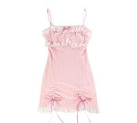 WEITING Abito da donna in pizzo giapponese dolce Lolita con fiocco rosa Kawaii mini abiti da festa femminile blu principessa coreana moda abito solo rosa, M