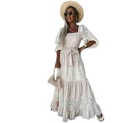 WEITING Abito da Spiaggia Extra Lungo in Pizzo con Cintura Abito Estivo da Donna con Maniche a Sbuffo Scavato Abito Lungo Bianco Casual Elegante retrò per Feste-Albicocca-XL