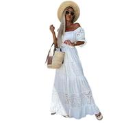 WEITING Abito da Spiaggia Extra Lungo in Pizzo con Cintura Abito Estivo da Donna con Maniche a Sbuffo Cavo Abito Lungo Bianco Casual Elegante retrò per Feste da Vacanza-Bianco-L