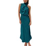 WEITING Abito Lungo da Donna in Raso Estivo con Scollo alla Francese Elegante Tunica Lunga Formale Senza Maniche Vestito da Festa da Donna-Blu-XL