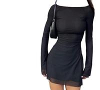 WEITING Anni '90 Vintage Holiday Indie Women Elegante Mini Abito in Maglia Nera Streetwear Chic Sexy Backless Abiti a Maniche Lunghe Abbigliamento Grafico-Nero,S