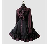 WEITING Autunno Elegante Lolita Nero Gotico Donna Abiti Lolita Grandi Dimensioni Colletto con Fiocco Pieghettato Lacci Gotico Abito Vintage Chic Jurken-Vino-M
