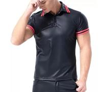 WEITING Camicia a Maniche Corte da Uomo in Ecopelle Sexy Sexy Guaina Modellante Erotica in Lattice Aderente T-Shirt Casual Polo in Pelle Maschile-Nero-XL