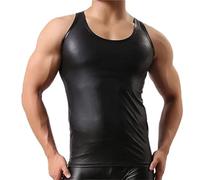 WEITING Canotta da uomo sexy in pelle morbida guaina senza maniche Shapewear camicia elasticizzata lattice skinny pelle metallizzata-pelle morbida, L