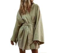 WEITING Cardigan Kimono con Scollo a V da Donna con Lacci Mini Abito in Cotone e Lino con Maniche Lunghe e Fasce Dresse Robe Style Abiti Estivi Larghi-Verde-M