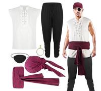 WEITING Costume da Pirata Uomo,Vestito da Pirata Rinascimentale Uomo | Set Completo Camicia Pantaloni Cintura per Halloween Cosplay Compleanni Fotoscatti Feste Palco Esibizioni