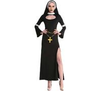 WEITING Costume da suora da donna sexy Carnevale Halloween Chiesa Religiosa Convento Costumi Cosplay Vestito con croce e copricapo-Nero-XL