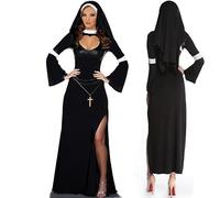 WEITING Costume da suora sexy Abito cosplay per donne adulte con cappuccio nero Costume di Halloween Abito da festa cosplay Costume nero-Nero-L
