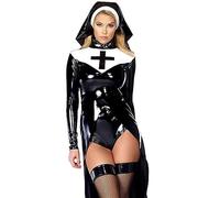 WEITING Costume Sacro da Donna Costume da Suora Sexy Costume di Halloween in Ecopelle Costume Bagnato Costume Cosplay Vestito Operato-Nero-XL