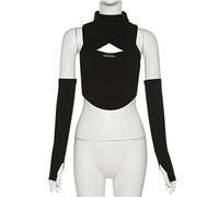 WEITING Dark Techwear Hollow Out Canotte Punk Gotico Dolcevita Donne Sexy Crop Top Con Guanto Manica Skinny Streetwear-Nero, L