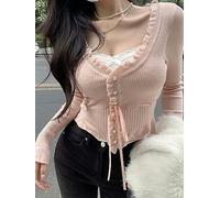 WEITING Dolce Maglione Lavorato a Maglia Cardigan Donna Primavera Manica Lunga Scollo a V Top Corto Donna Moda Coreana Volant con Coulisse Y2K Pullover-Rosa-S