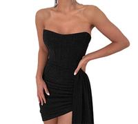 WEITING Elegante mini abito senza spalline con lacci per abito da donna 2023 nuovo abito corto da festa increspato senza maniche con spalle scoperte - nero, M