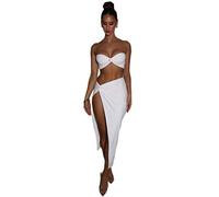 WEITING Elegante Set Senza Spalline Sexy in Due Pezzi Top Corto Senza Maniche da Donna E Gonna Alta con Spacco Set Coordinati Abito da Festa-Bianco,S