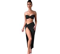 WEITING Elegante Set Senza Spalline Sexy in Due Pezzi Top Corto Senza Maniche da Donna E Gonna Alta con Spacco Set Coordinati Abito da Festa-Nero,S