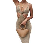 WEITING Estate più nuove donne di arrivo sexy bretella abito lungo moda tinta unita Hollow Backless vita alta abito stretto-kaki, M