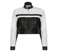 WEITING Giacca corta da donna con cerniera in pelle PU con giunture di colore a contrasto stile motociclistico bello per le donne 2023 Autunno nuovo stile europeo e americano-Nero e bianco-S