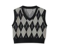 WEITING Gilet Maglione Vintage con Motivo a Rombi Donna Moda Coreana Gilet Lavorato a Maglia Stile Preppy Donna Autunno Casual Top Corto Senza Maniche-Grigio-M