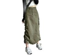 WEITING Gonna Lunga di Jeans Lunga retrò Americana per Donna 2023 Gonna Jeans Cargo Midi a Vita Alta con Tasche Vintage con Coulisse Donna-Verde Militare-L