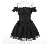 WEITING Gothic Dark Lolita Gothic A Line Corsetto Mini Abito con Spalle Scoperte Completo da Festa Abito Sexy da Donna con Orlo in Pizzo rimpicciolito-Nero-S