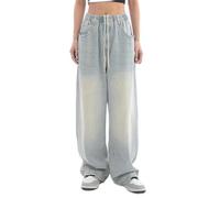 WEITING Jeans Larghi retrò Americani da Donna Jeans Oversize con Elastico in Vita Gamba Larga Street Straight Basic Stile Quotidiano-Azzurro-L