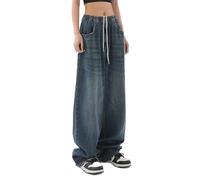 WEITING Jeans Larghi retrò Americani da Donna Jeans Oversize con Elastico in Vita Gamba Larga Street Straight Basic Stile Quotidiano-Blu Scuro-XL