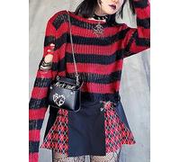 WEITING Maglione a Righe Punk Gotico da Donna Harajuku Maglione Scavato con Buco Rotto Femminile Autunno Moda Maglione Lavorato a Maglia a Maniche Lunghe Allentato-Corto Rosso Nero-Taglia Unica