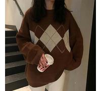 WEITING Maglione Lavorato a Maglia da Donna Maglione Oversize a Rombi Pullover Maglione Allentato Invernale Maglione da Donna Stile College Coreano-Marrone-Taglia Unica