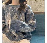 WEITING Maglione Lavorato a Maglia da Donna Pullover Oversize alla Moda Maglione Invernale a Rombi Allentato Maglione da Donna Stile College Coreano-Blu-M