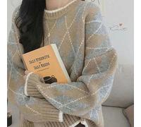 WEITING Maglione Lavorato a Maglia da Donna Pullover Oversize Moda Maglione Invernale a Rombi Allentato Maglione da Donna Stile College Coreano-Khaki-XL