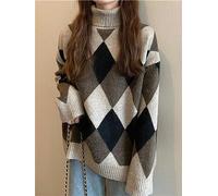 WEITING Maglione Vintage a Rombi da Donna Moda Coreana Stile Preppy Dolcevita Pullover Donna Autunno Inverno Manica Lunga Maglione Spesso Allentato-Cachi-Taglia Unica