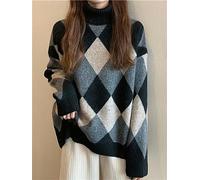 WEITING Maglione Vintage a Rombi da Donna Moda Coreana Stile Preppy Dolcevita Pullover Donna Autunno Inverno Manica Lunga Maglione Spesso Allentato-Nero-Taglia Unica